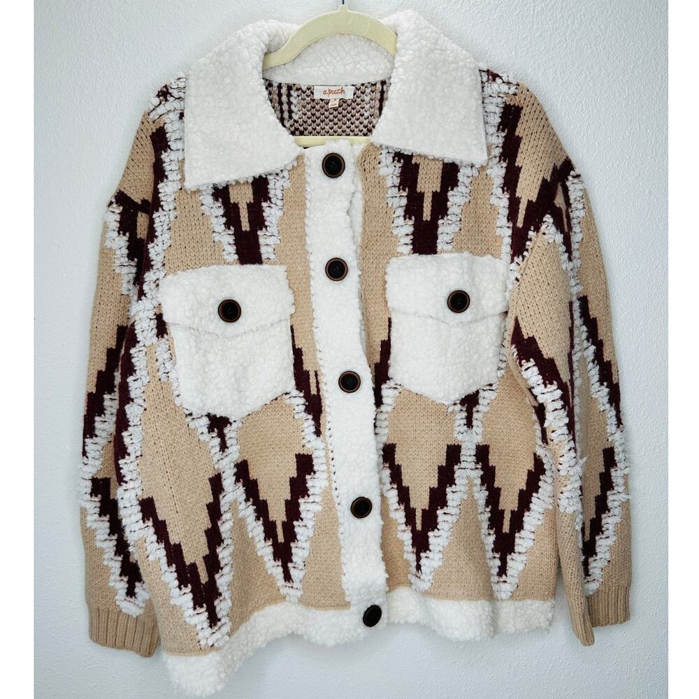 a. peach Tan Ivory Burgundy Southwest Print Button Collared Sweater Jacket S - Picture 2 of 13